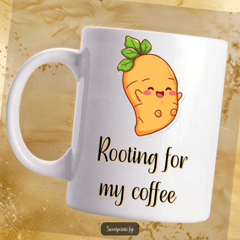 Funny mug featuring a delighted sweet potato character joyfully sliding down a root with a big smile.