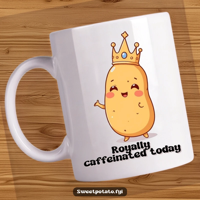 Funny mug featuring a sweet potato wearing a tiny crown, striking a proud and regal pose with a knowing smile.