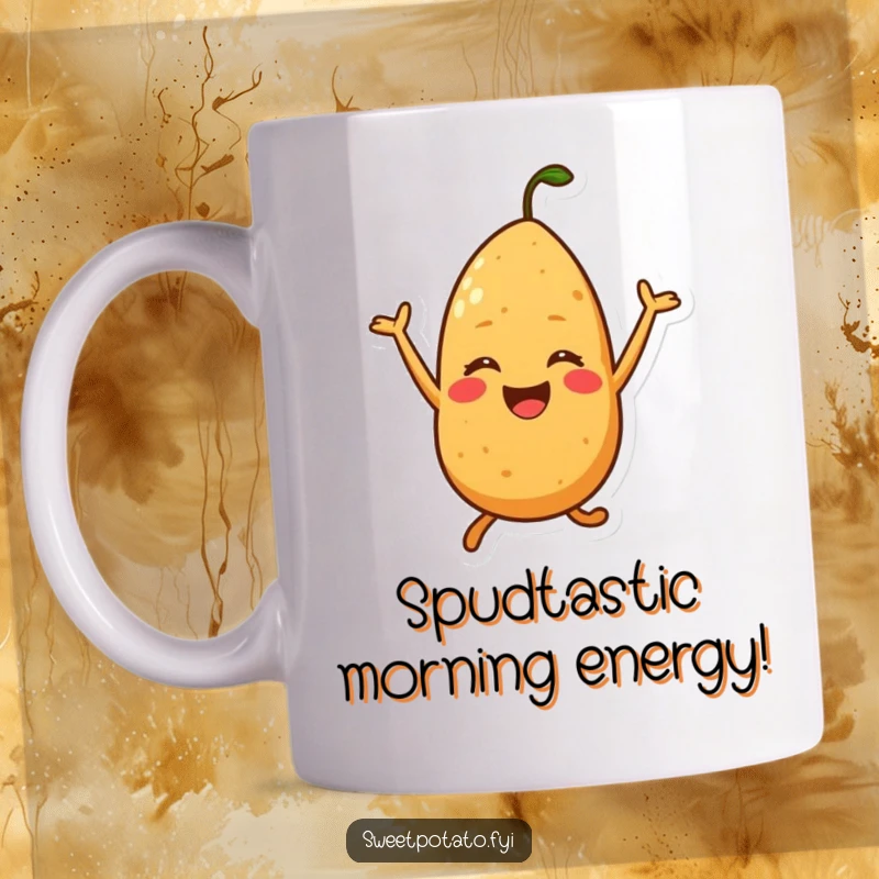 Funny mug showing a joyful sweet potato character mid-jump with pure excitement, perfect for happy souls.