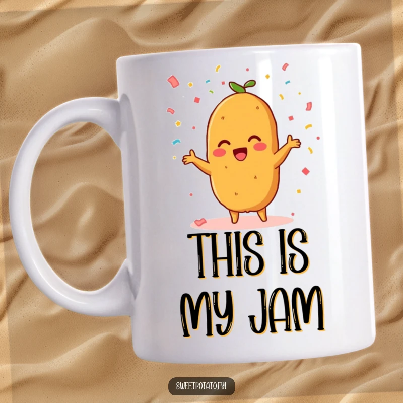 Funny mug showing a beaming sweet potato character joyfully throwing colorful confetti into the air, radiating happiness.