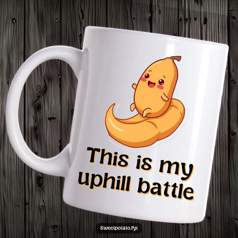 Funny mug featuring a cheerful sweet potato character joyfully rolling uphill on a giant, creamy caramel swirl, embodying pure, unadulterated fun.