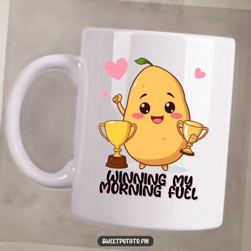 Funny mug featuring a sweet potato with a proud smile, triumphantly holding aloft a golden trophy, celebrating victory.