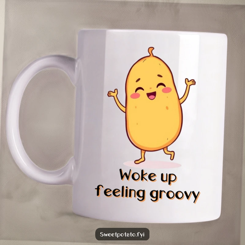 Funny sweet potato mug featuring a dancing character doing a joyful jig, full of movement and energetic, happy vibes.
