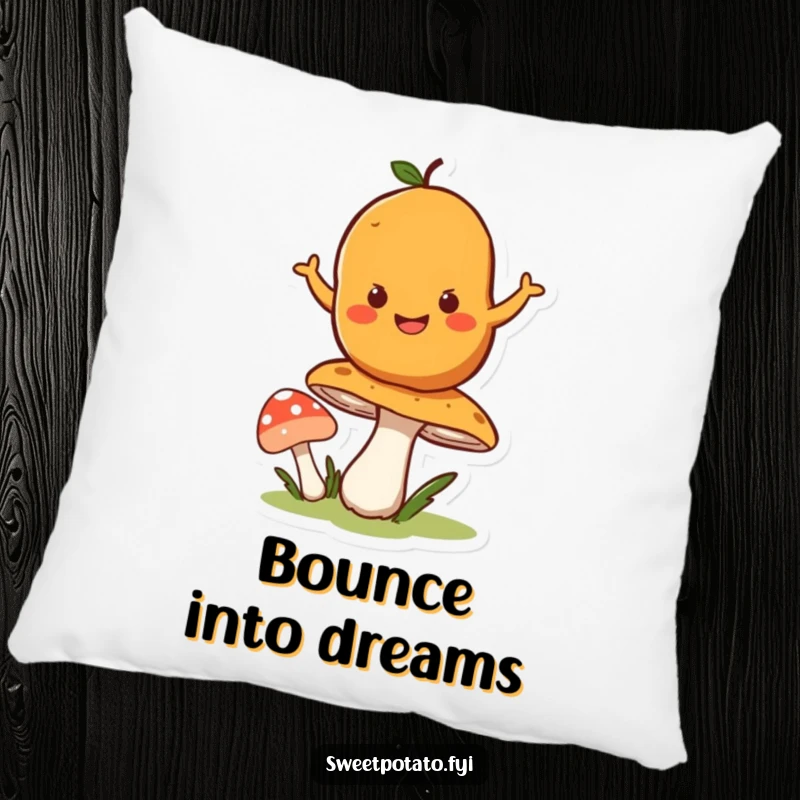 Funny pillow showing a happy sweet potato character bouncing on a springy mushroom, bringing comfort and cheer.