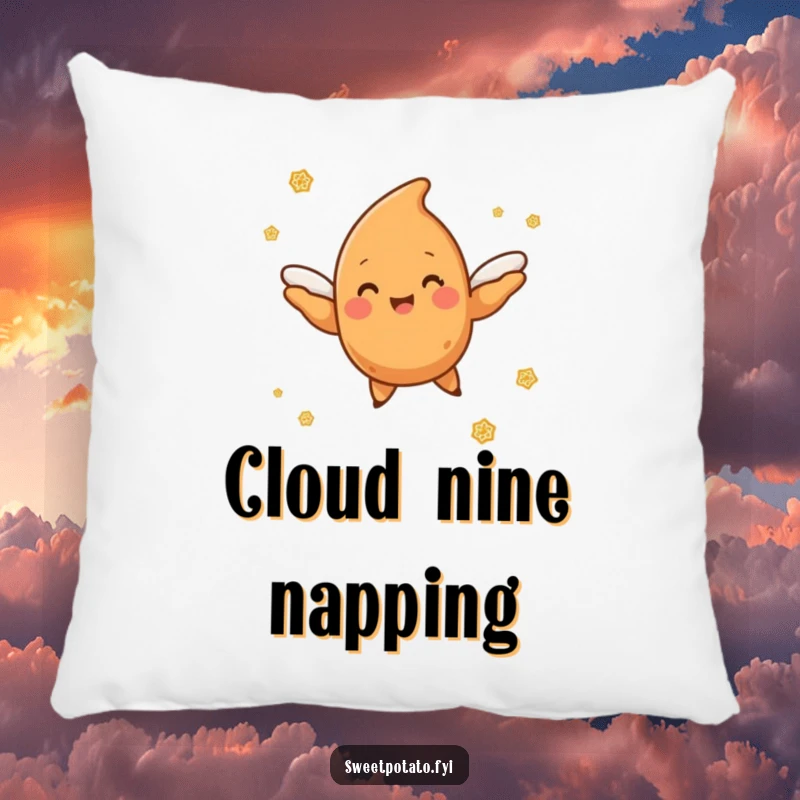 Funny sweet potato character with tiny wings flying happily through a cloud of cinnamon sugar, a plush and funny pillow.