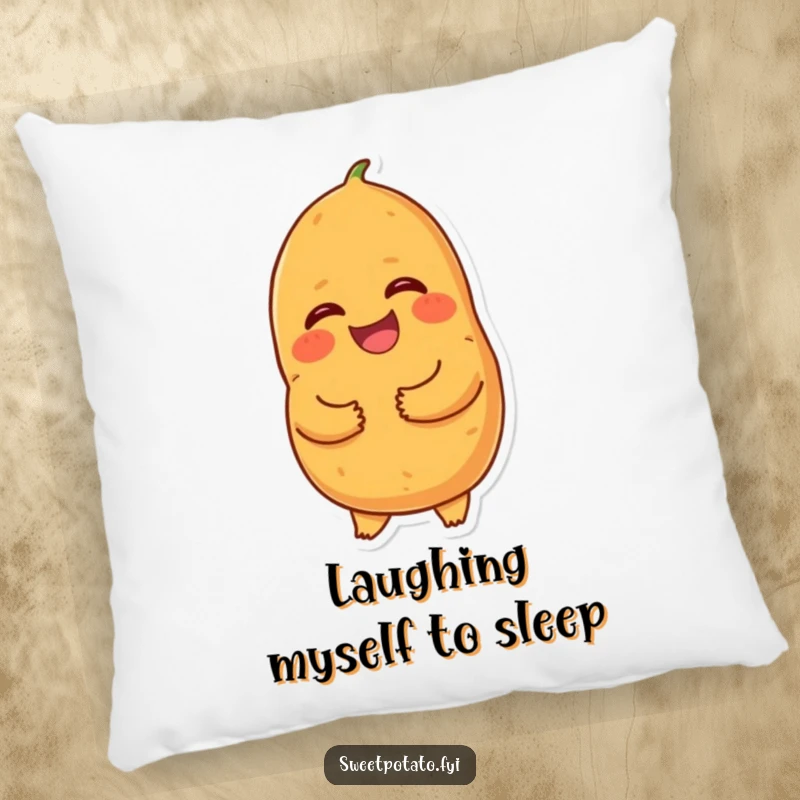Funny giggling sweet potato pillow, a soft cushion depicting a cartoon sweet potato holding its tummy and laughing, ideal for comfort and smiles.