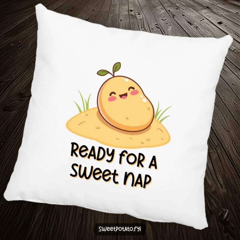 Funny sweet potato pillow, a soft cushion depicting a cartoon sweet potato happily rolling down a sandy hill, ideal for comfort and smiles.