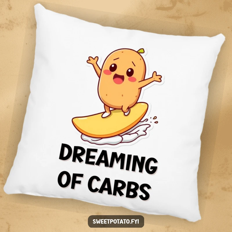 Funny pillow: A sweet potato character joyfully surfs on a large potato chip, bringing a sense of fun and quirky relaxation to any space.