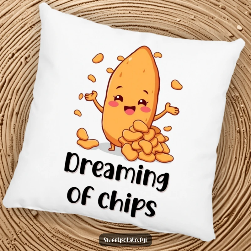 Funny sweet potato character beaming with pride, holding a massive pile of sweet potato chips, a plush and funny pillow.