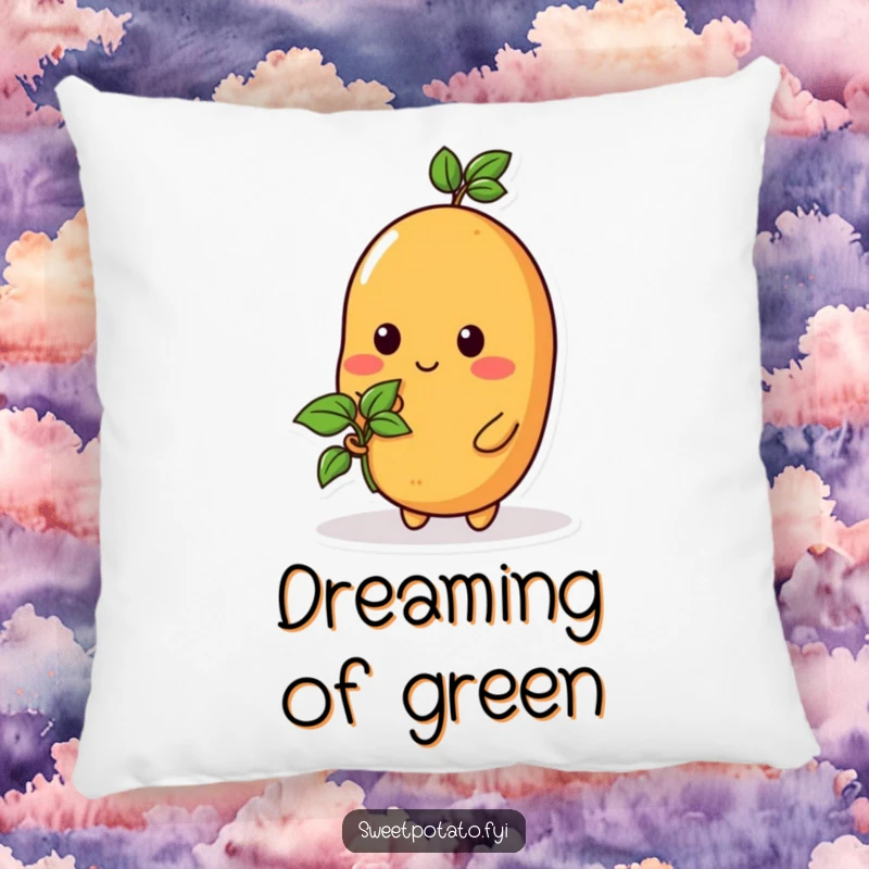 Funny pillow with a sweet potato character holding a tiny sprout, offering soft comfort and symbolizing growth.