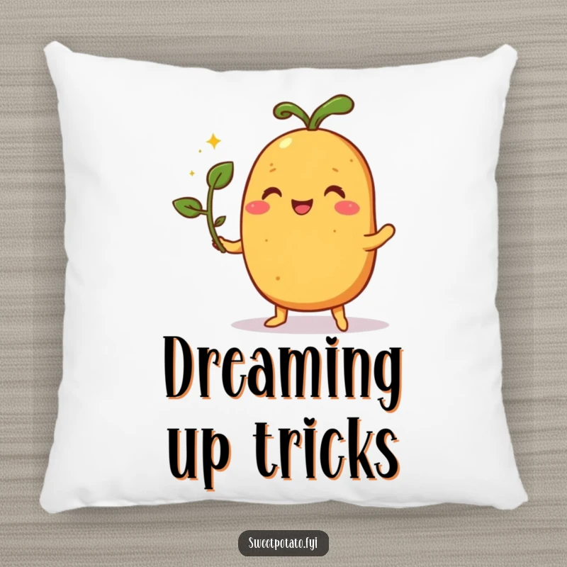 Funny pillow featuring a pleased sweet potato character performing a magic trick with a sprout, adding a touch of wonder.