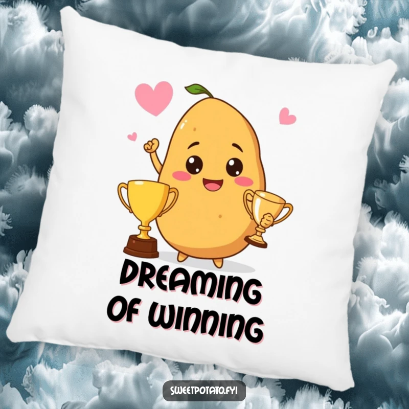 Funny pillow featuring a proud sweet potato holding a trophy, bringing comfort and potato-themed celebration to any space.