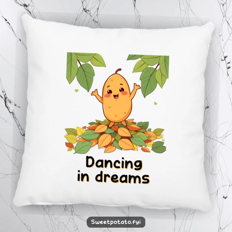 Funny cheerful sweet potato character happily dancing on a pile of leaves, a soft and humorous decorative pillow.