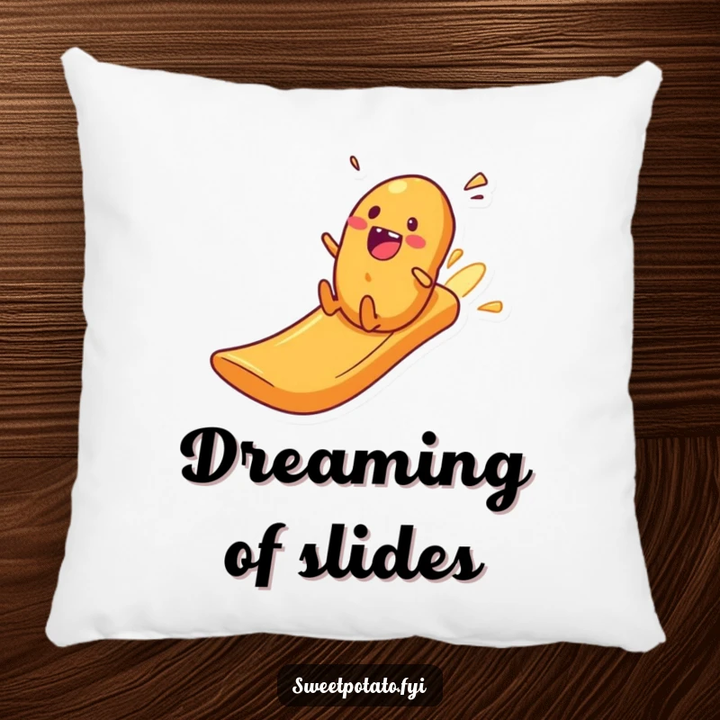Funny excited sweet potato zooming down a crisp slide, a soft and humorous pillow.
