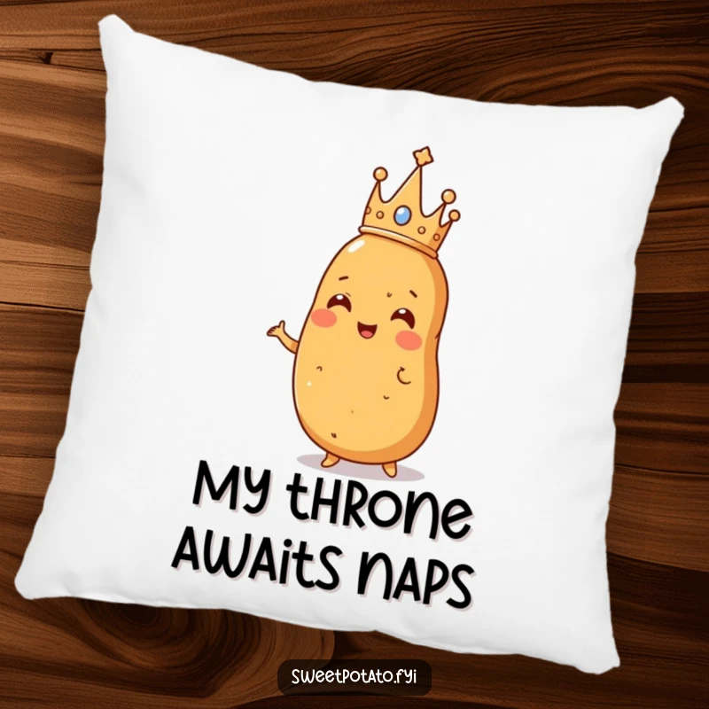 Funny pillow featuring a sweet potato wearing a tiny crown, striking a majestic pose, offering soft potato-themed royalty.