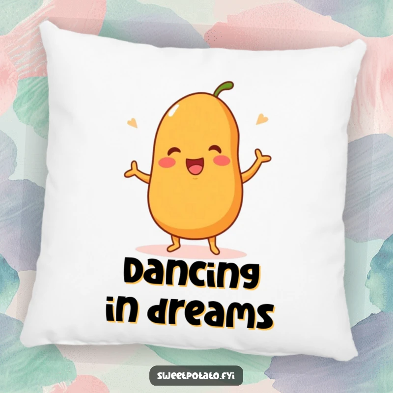 Funny pillow with a sweet potato character doing a happy dance, offering plush comfort and a boost of cheerful energy.
