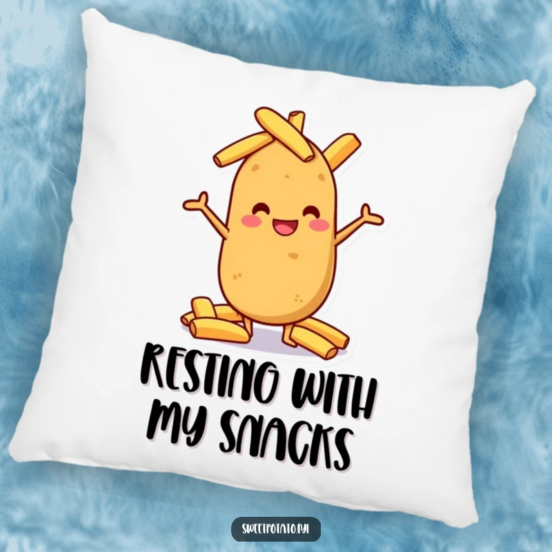 Funny sweet potato grinning while balancing potato wedges, a soft and humorous pillow.