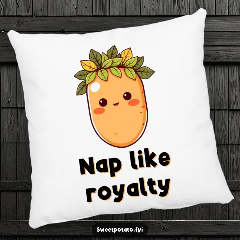 Funny pillow with a sweet potato character wearing a leaf crown, offering comfortable, majestic, and humorous decor.