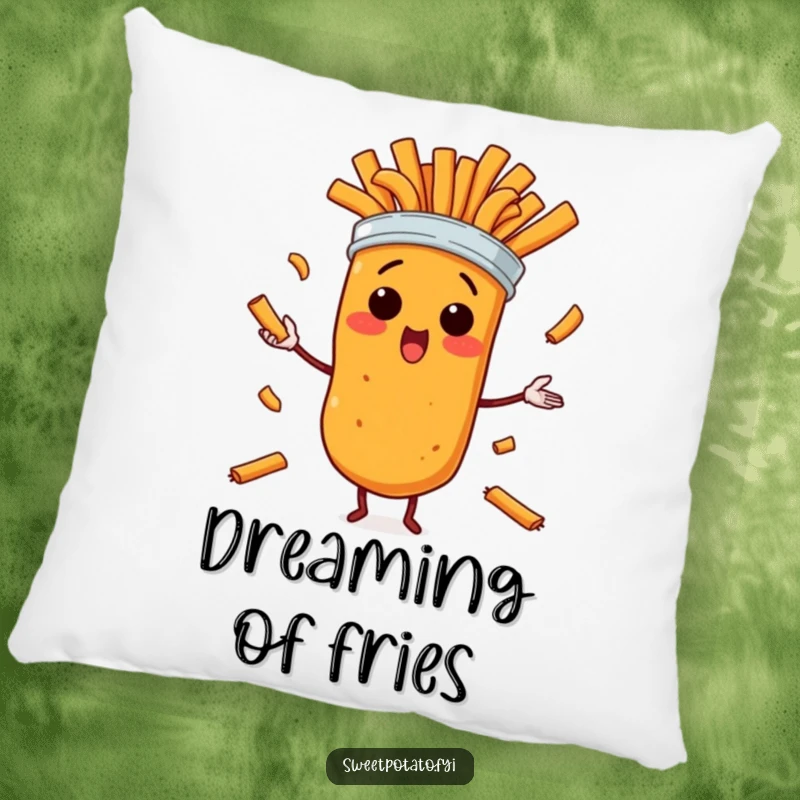 Funny pillow with a surprised sweet potato character in a comical juggling frenzy with sweet potato fries, perfect for a fun accent.