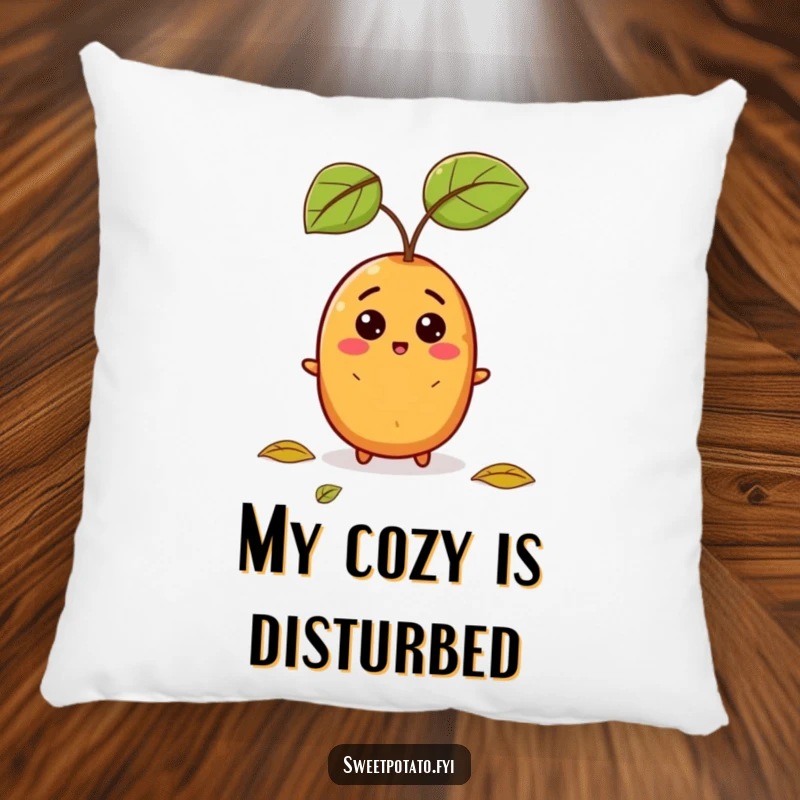 Funny pillow featuring a sweet potato with a comically surprised expression from a falling leaf, adding humor to furniture.