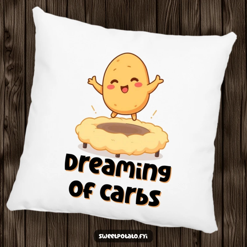 Funny pillow showcasing a tickled sweet potato character bouncing on a mashed potato trampoline, adding a soft and humorous touch to any cozy space.