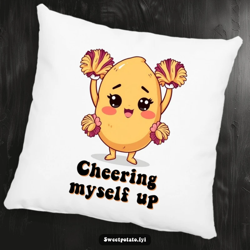 Funny sweet potato pillow featuring a determined character cheering with pom-poms, offering comfort and a dose of energetic, humorous support.