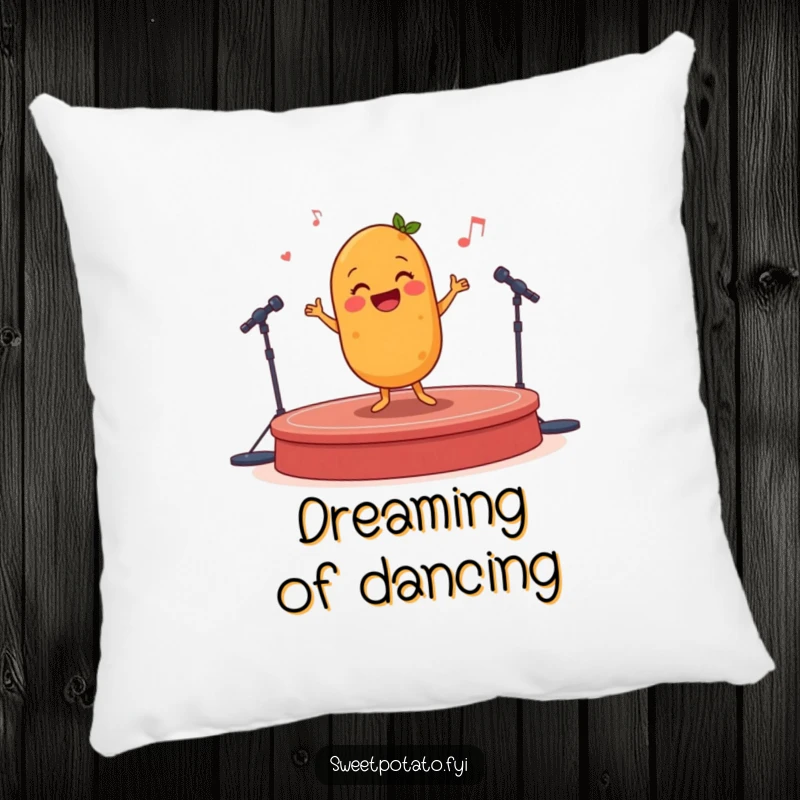 Funny sweet potato character doing a happy jig, a soft and humorous pillow for cozy comfort.