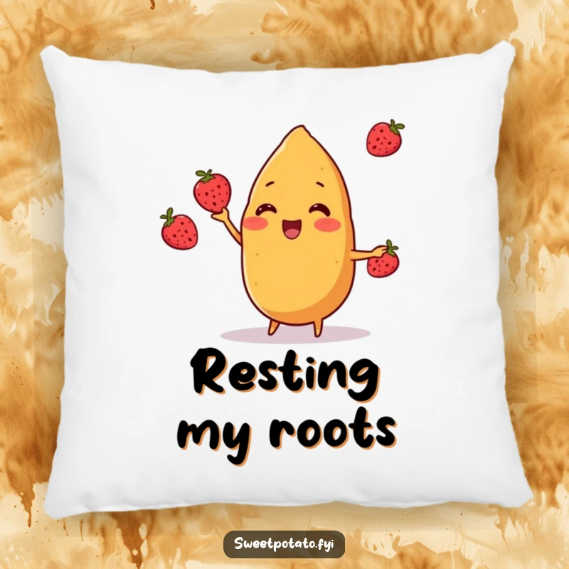Funny sweet potato character cheerfully juggling three small berries on a plush pillow, adding comfort, wholesomeness, and humor, a funny gift.
