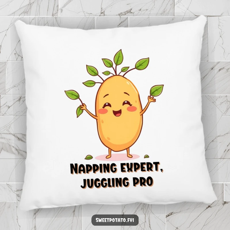 Funny pillow featuring a sweet potato juggling leaves, adding a touch of whimsy and comfort to any sofa.