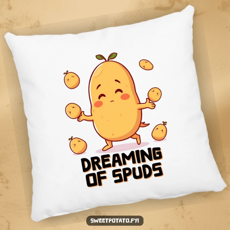Funny pillow: A sweet potato character grins widely while skillfully juggling small potatoes, bringing a sense of fun and playfulness to any setting.