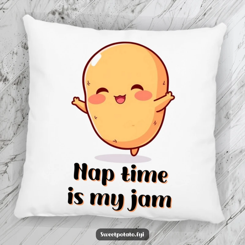Funny pillow featuring a rosy-cheeked sweet potato in a delightful jump pose, offering comfort and potato-themed cheer.