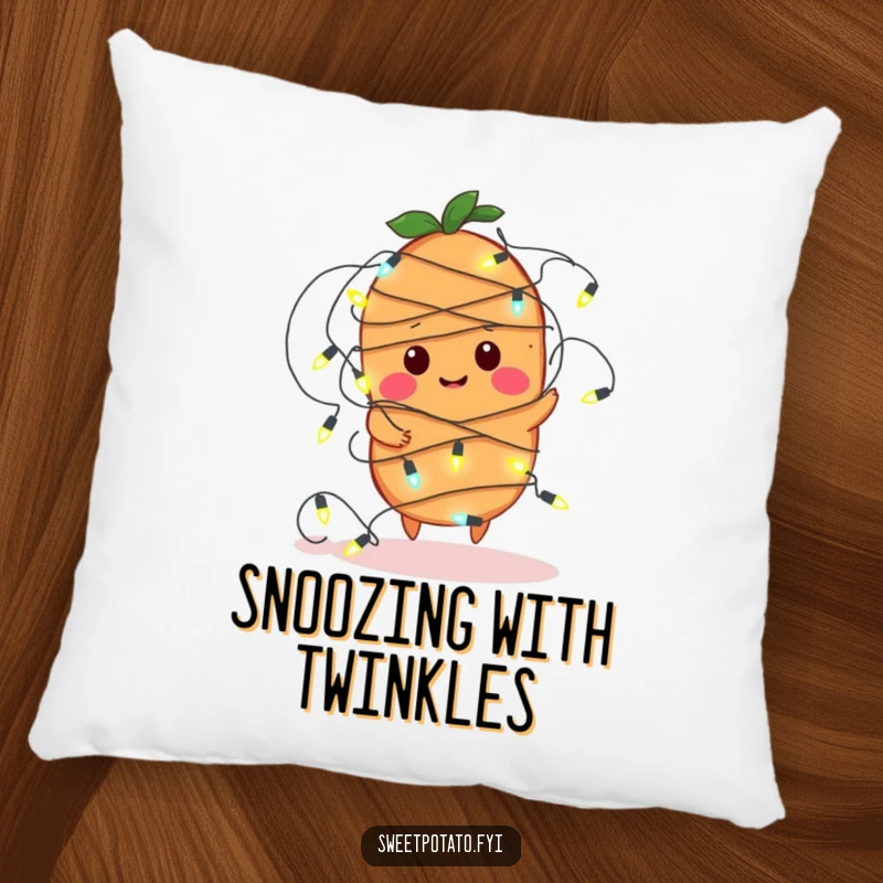 Funny pillow designed with a sweet potato character comically ensnared by fairy lights, offering humorous comfort and festive decoration.