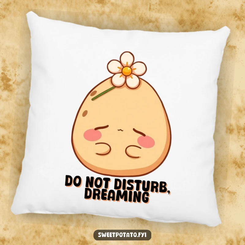 Funny sweet potato pillow with a content spud peacefully sleeping under a small flower. Soft, decorative, and humorously charming.