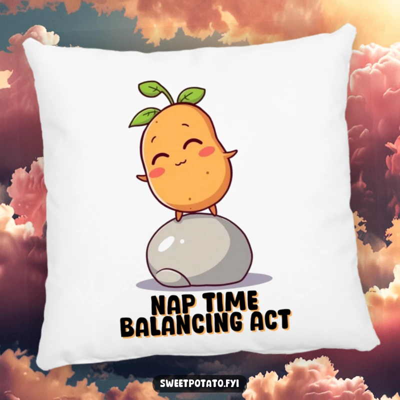 Funny sweet potato character winking and trying to balance on a rolling pebble, embroidered on a soft, decorative pillow.