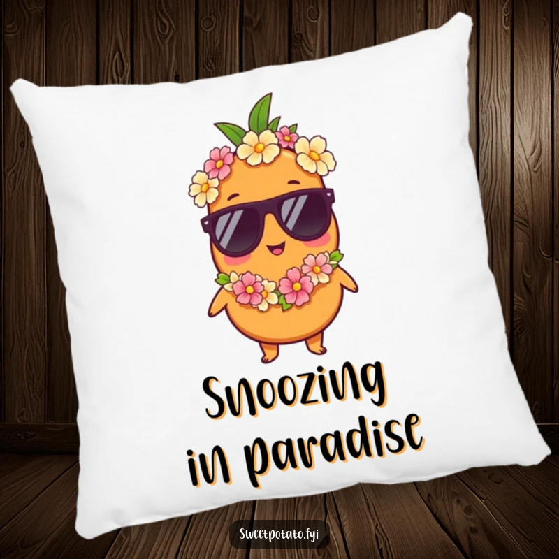Funny pillow: A sweet potato character in sunglasses and a lei is depicted in a relaxed, vacation-ready pose, bringing holiday cheer.