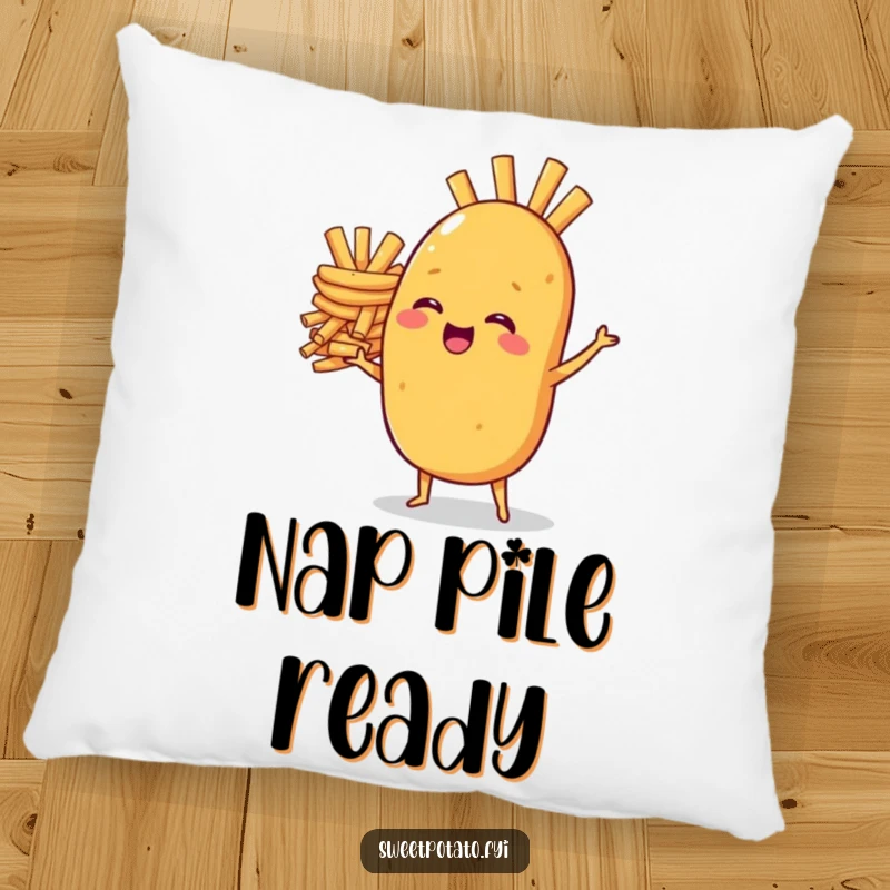 Funny pillow: A sweet potato character laughs while precariously balancing a huge stack of french fries, bringing cozy fun to any room.