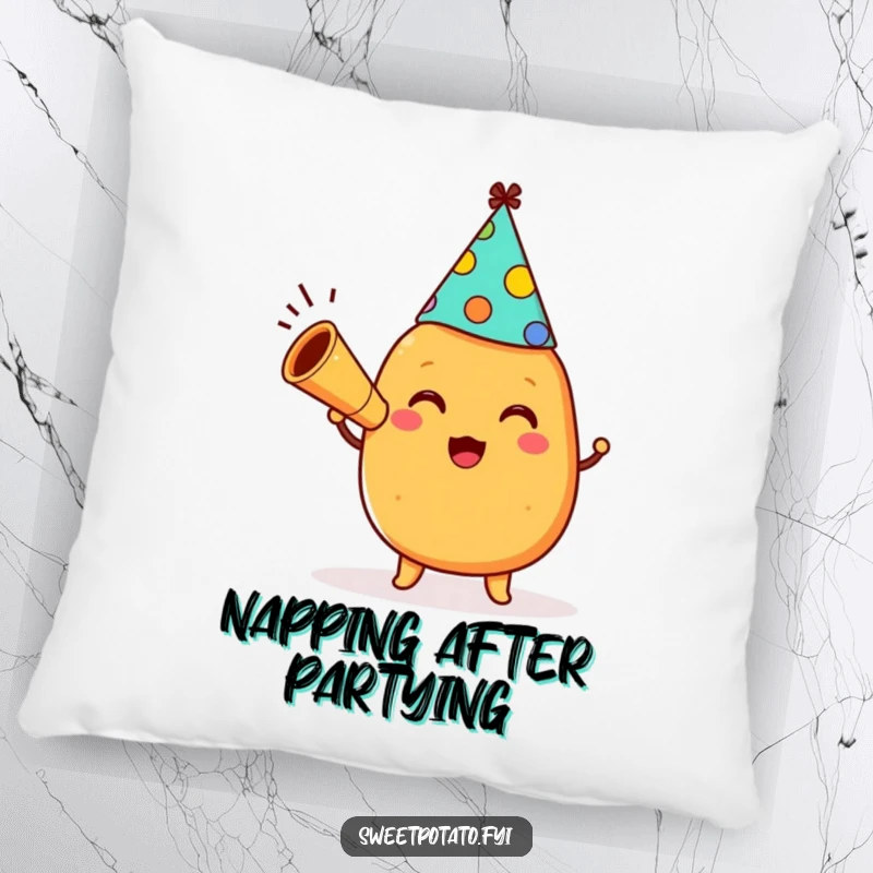 Funny happy sweet potato character wearing a party hat and blowing a horn on a soft, comfortable, and humorous pillow.