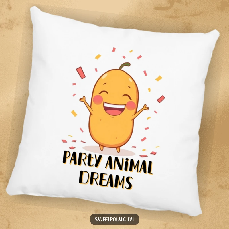 Funny sweet potato character pillow, joyfully throwing confetti with a huge, excited grin, offering soft, festive comfort.