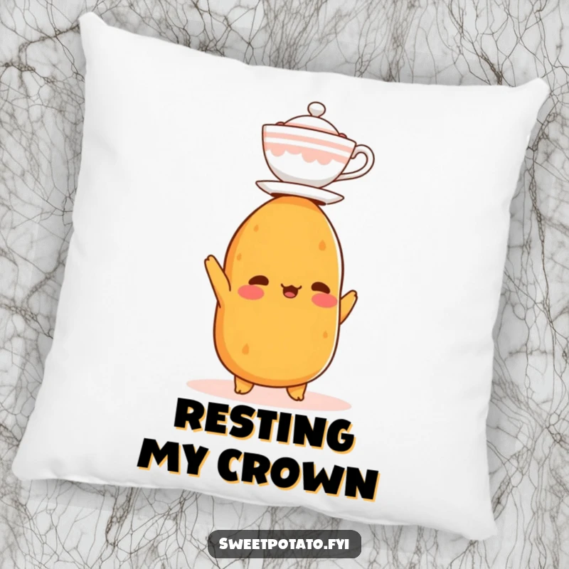 Funny pillow designed with a sweet potato character balancing a miniature teacup on its head, offering humorous comfort and style.