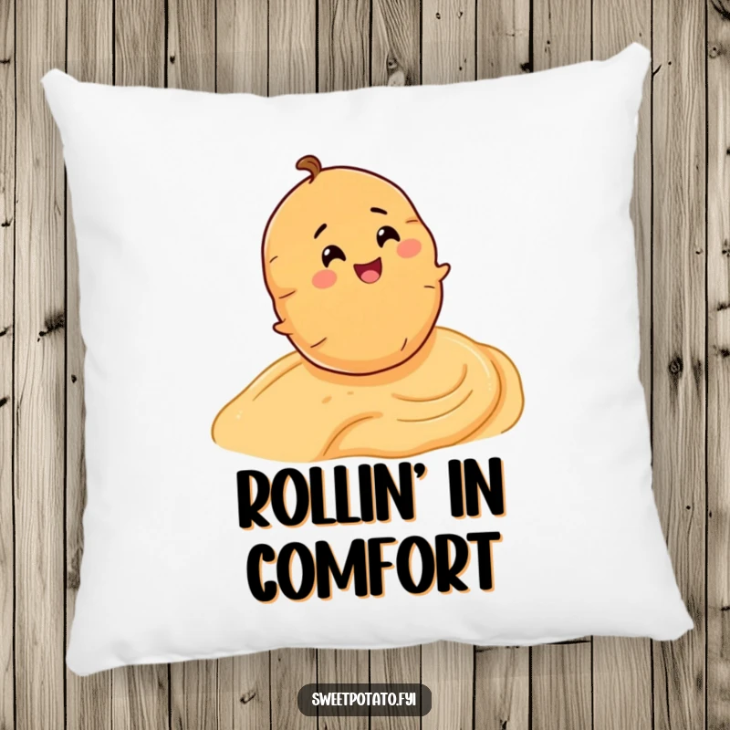 Funny pillow showing a gleeful sweet potato character rolling down a delectable slope of hummus with sheer joy.