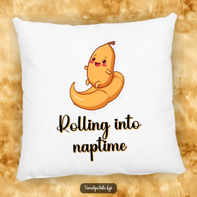 Funny pillow featuring a cheerful sweet potato character happily rolling up a giant caramel swirl, adding a touch of playful comfort and humor.