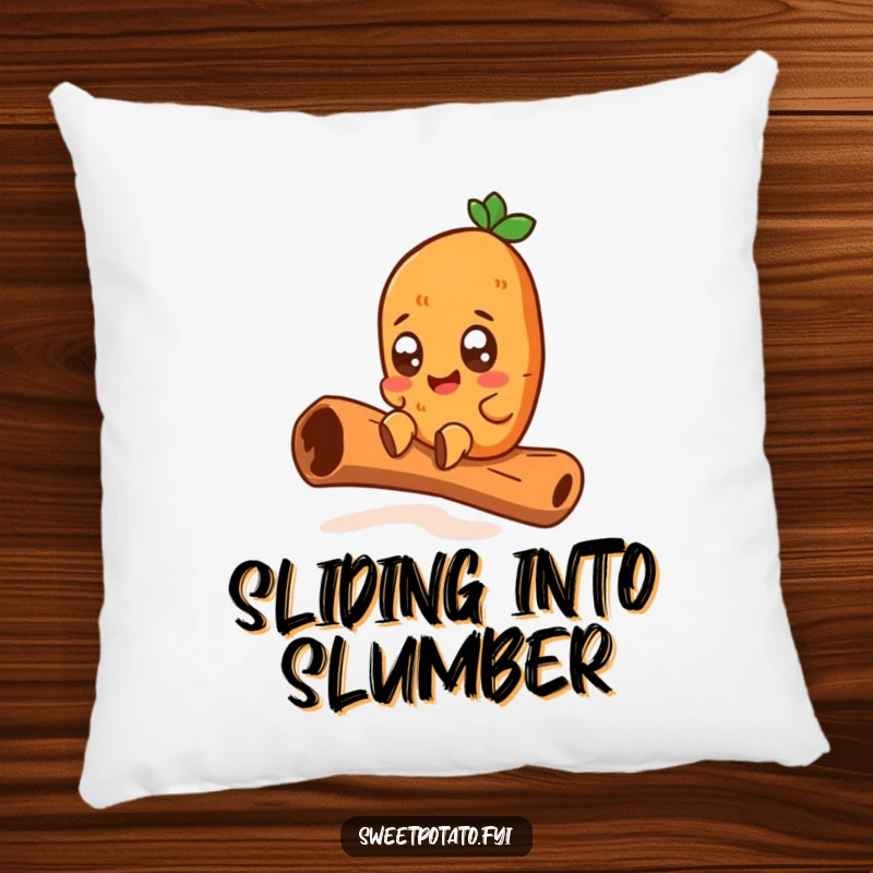 Funny pillow featuring a wide-eyed sweet potato character joyfully sliding down a giant cinnamon stick, offering soft comfort and humorous excitement.