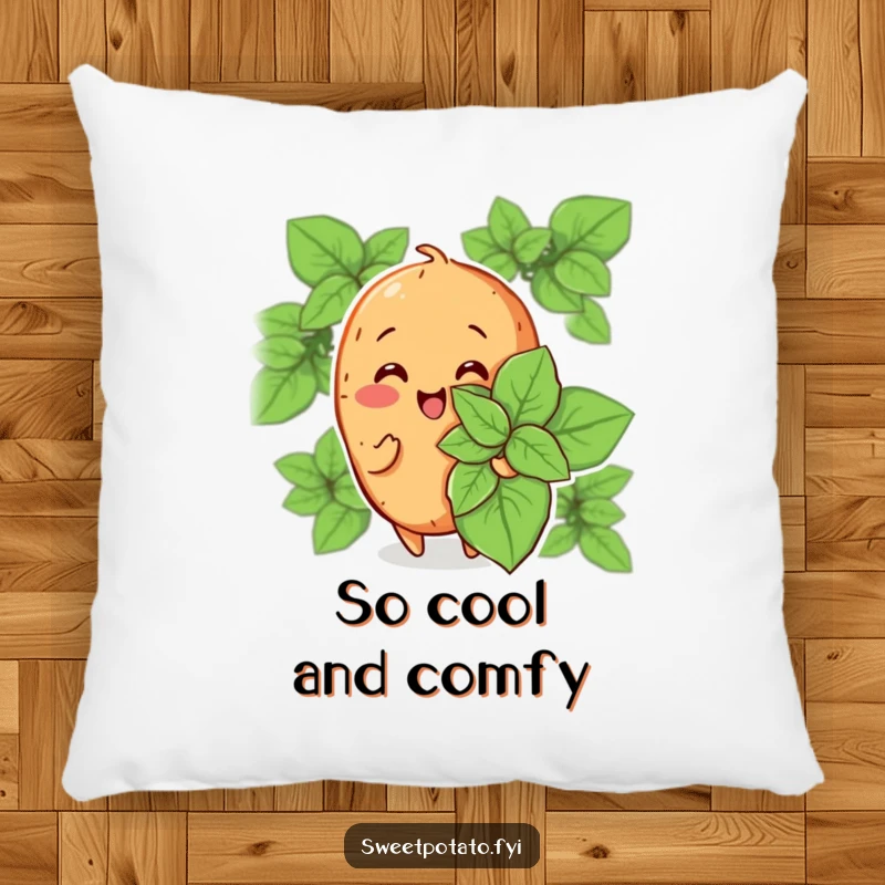 Funny pillow featuring a cheerful sweet potato character fanning itself with a large mint leaf, offering plush comfort and a humorous cool-down.
