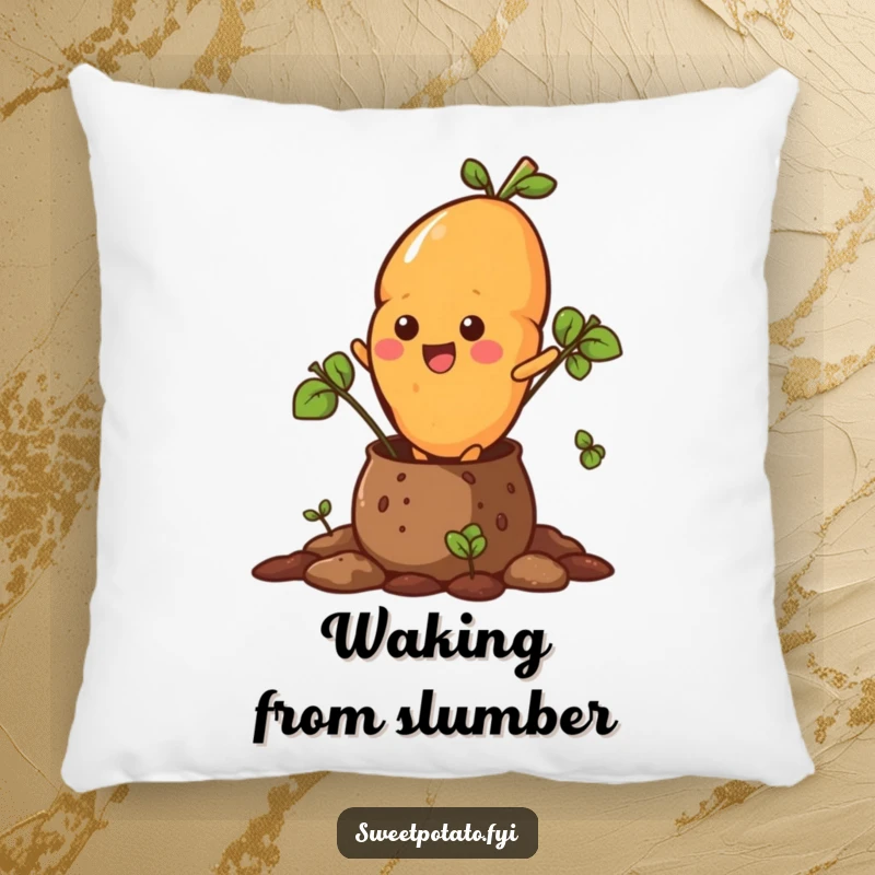 Funny pillow featuring a sweet potato character emerging from a soil pot, looking cozy and a bit mischievous.