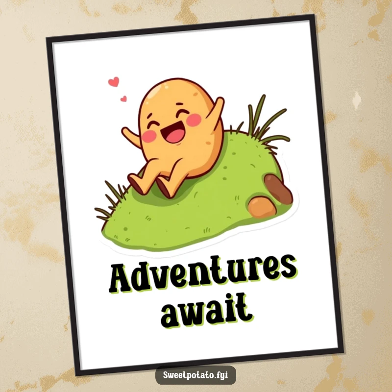 Funny giggling sweet potato character enthusiastically sliding down a grassy hill, rendered as instant humorous digital art.