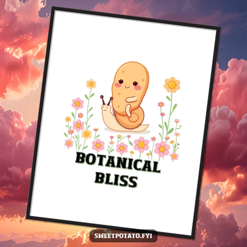 Funny sweet potato character digital art print, riding a tiny, happy snail through a field of flowers, serene and charming.