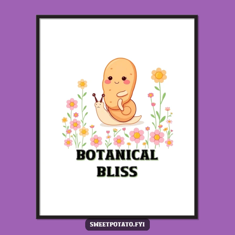 Funny Snail Ride Sweet Potato Digital Art: Happy Spud Flower Print, Instant Funny Gift Download