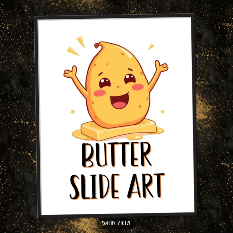 Funny digital art print of an excited sweet potato character in a comical slide on butter, ready to download and display.