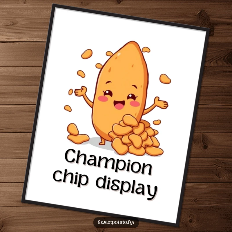 Funny sweet potato character beaming with pride, presenting a giant pile of sweet potato chips, a triumphant digital art piece.