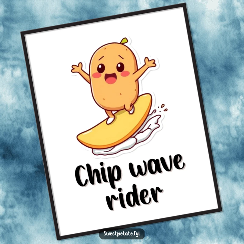 Funny digital art print: A sweet potato character gleefully surfs on a massive potato chip, capturing a moment of pure snack-fueled joy.
